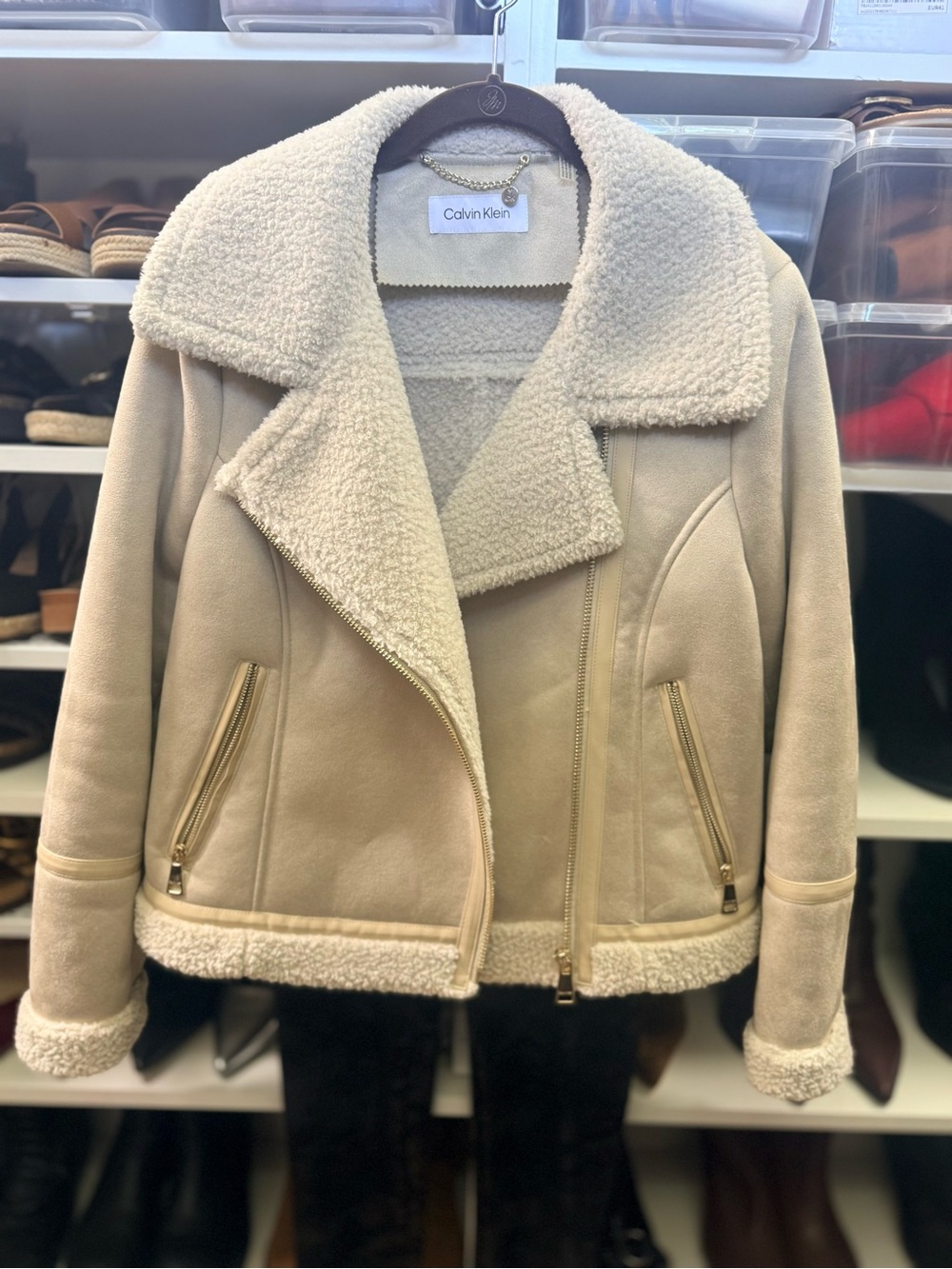 Calvin Klein Cream Faux-Shearling Biker Jacket